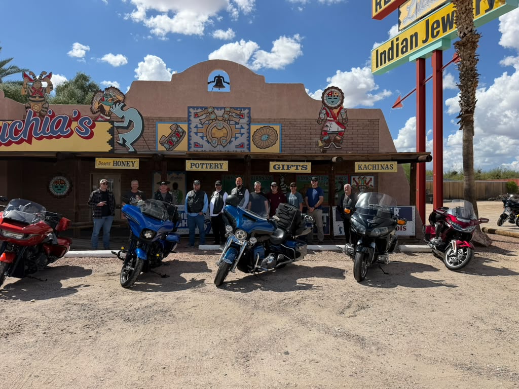 A group of motorcycle riders from Salt Lake City, Utah at Luchia's Restaurant in Wikieup